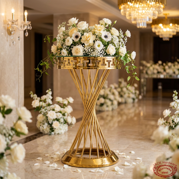 Gold spiral column meander fretwork rim stand hotel wedding 45 degree warm spotlights