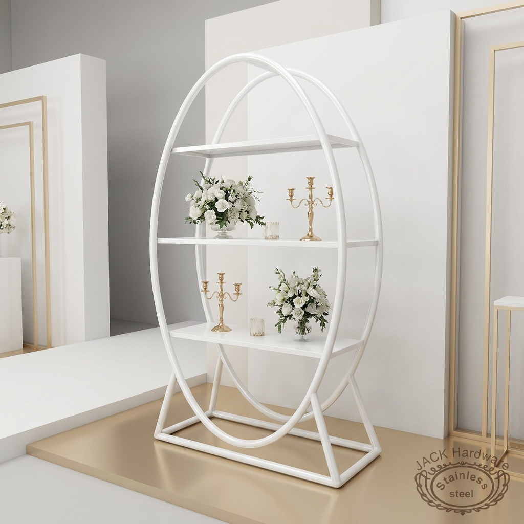 White oval wedding stand at minimalist modern venue light gold accents