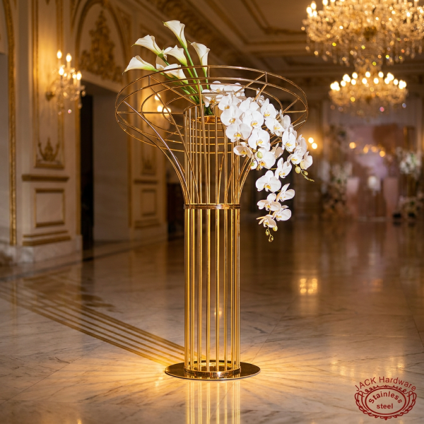 Gold tall oval ball cage column stand side view wedding venue warm uplighting marble reflection
