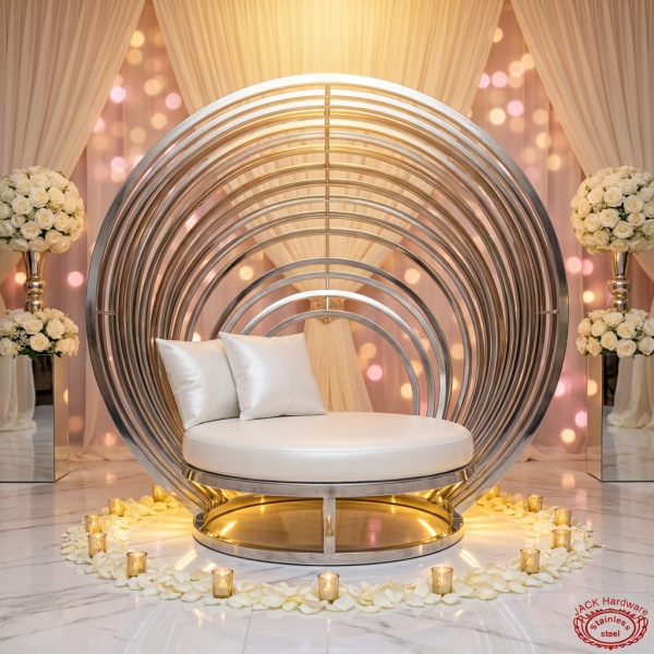 Silver round birdcage sofa side view wedding photo zone warm golden halo light arch bars