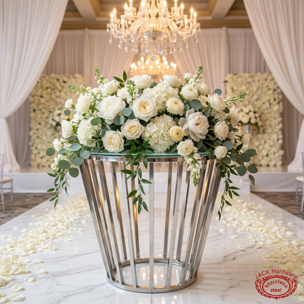 Silver inverted trapezoid cage base round stand with white roses peonies chandelier shadow