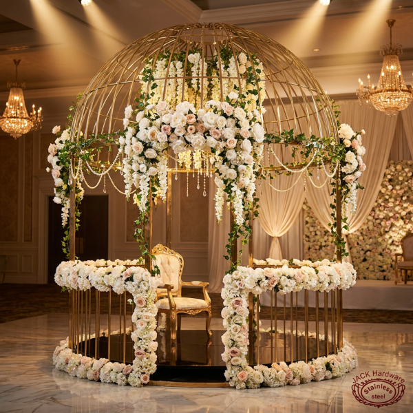 Gold birdcage dome decorated cascading florals hotel ballroom 45 degree warm spotlights