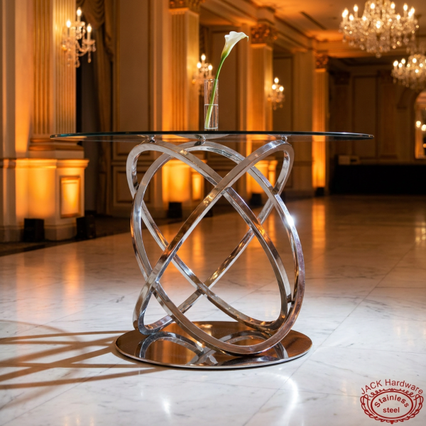 Silver Möbius ring abstract base side view ballroom architectural lighting shadow art installation marble