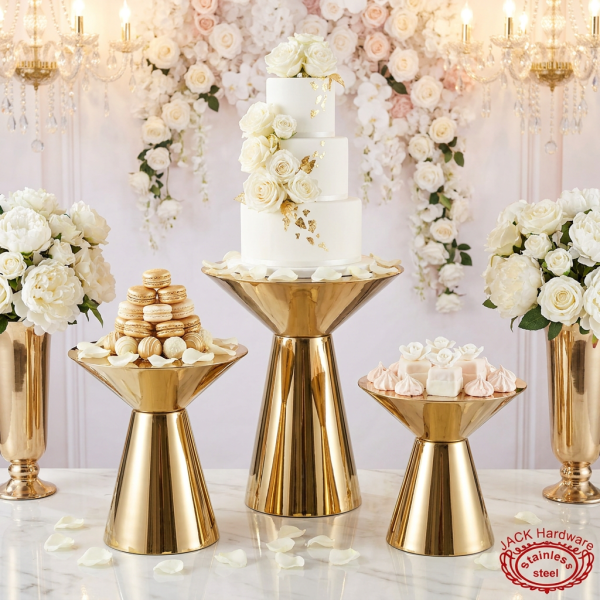 Gold hourglass 3-piece stand set at wedding dessert display cake macarons roses chandeliers