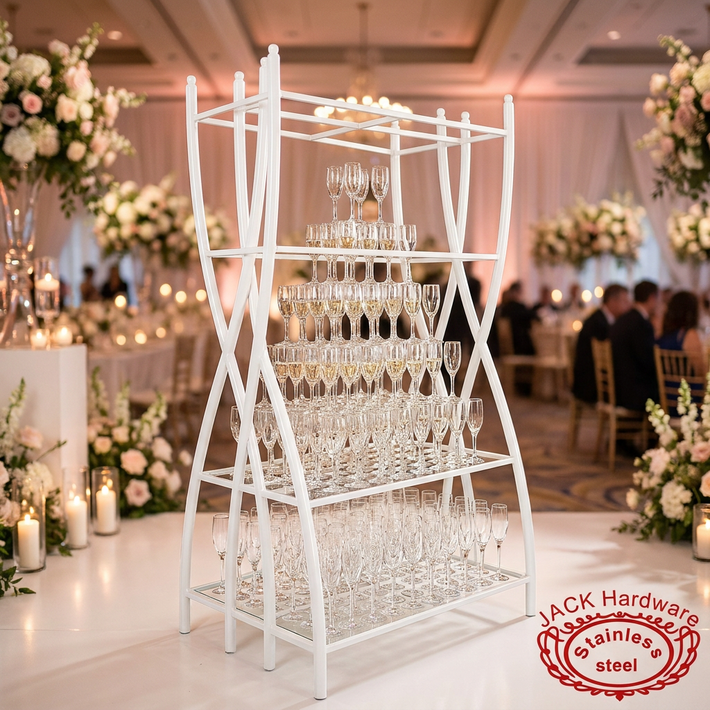 White champagne tower rack at grand wedding reception crystal glasses tiers
