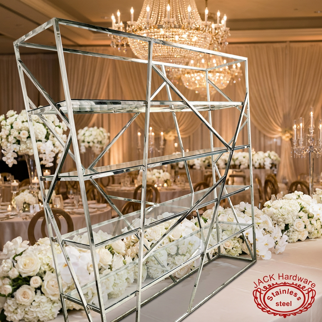 Silver wide glass wine rack at luxury wedding banquet hall crystal chandeliers