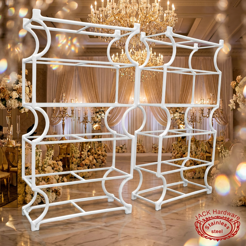 White decorative pillar display stand at luxury chateau ballroom crystal chandeliers ivory