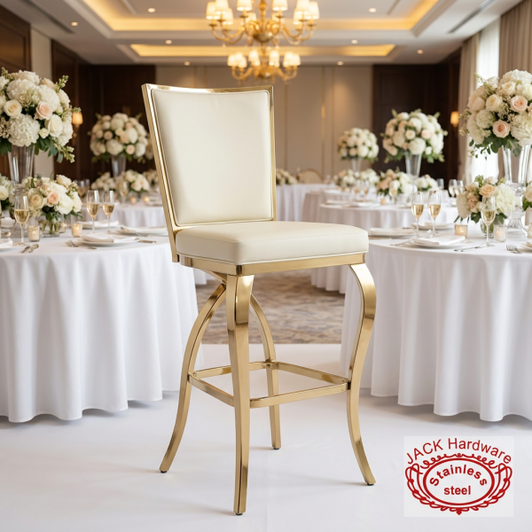 Gold ivory bar stool at upscale hotel banquet hall champagne glasses floral