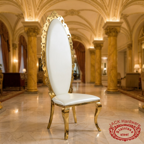 Gold ornate throne chair at upscale hotel lobby reception hall European architecture golden columns