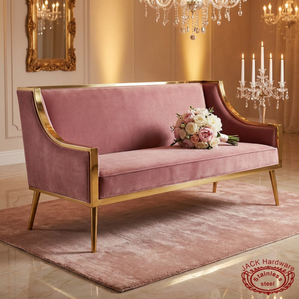 Pink mauve settee hotel bridal suite 45 degree flared armrests gold trim warm golden light