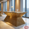Gold multi-tube base dining table side view modern luxury hotel restaurant city view marble floors