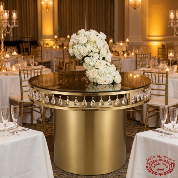 Gold crystal pendant round cake table at hotel wedding reception florals crystal pendants sparkling 45 degree
