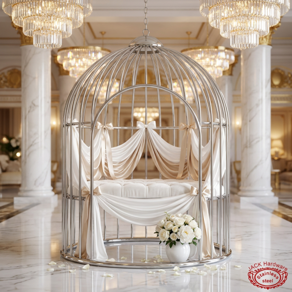 Silver birdcage swing frame at luxury hotel lobby white cushion crystal chandeliers marble