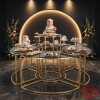 Gold crescent arc display station at hotel event space curved backdrop desserts petit fours florals