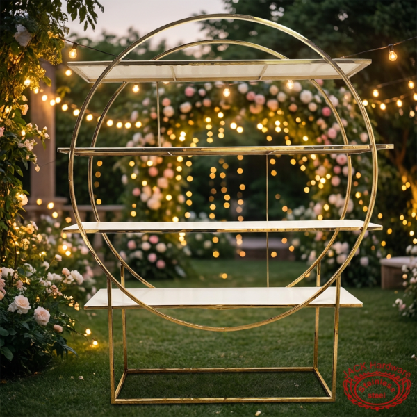 Full moon circle display rack at romantic outdoor garden reception fairy lights greenery