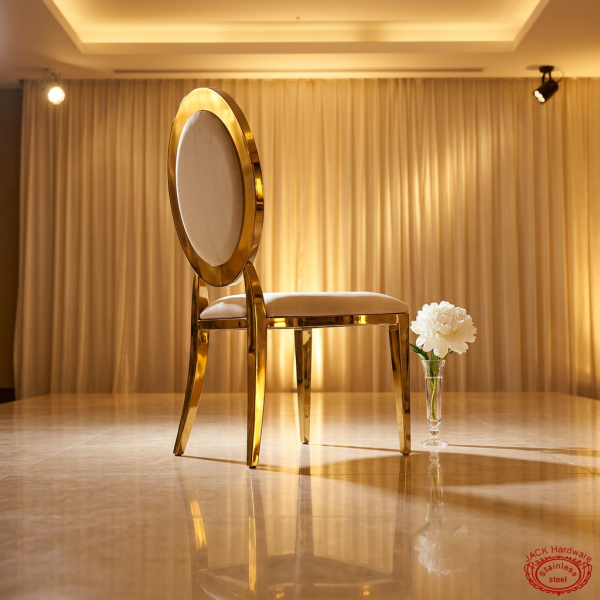 Gold round disc-back chair side view luxury event circle backrest halo light marble