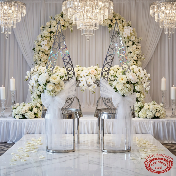 Silver gothic pointed arch chairs as wedding ceremony stage decorative thrones white florals chandeliers