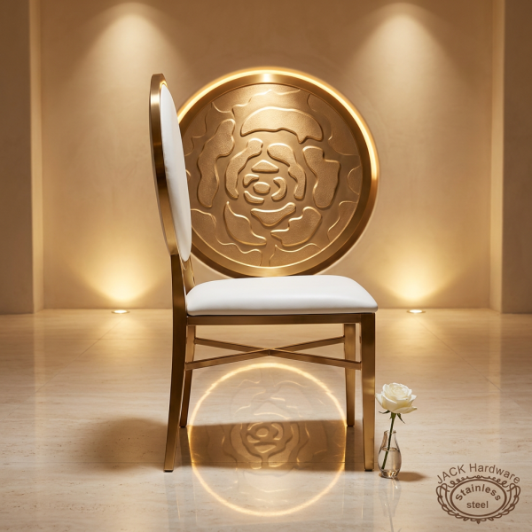 Gold round rose embossed chair side view luxury event space circular backrest warm light marble