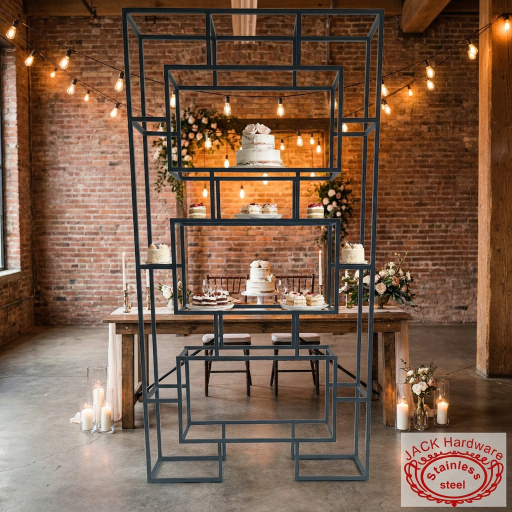 Geometric tiered display rack at industrial chic wedding with exposed brick Edison lights