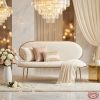 Cream oval arc-back bouclé sofa at luxury hotel suite wedding lounge florals chandeliers