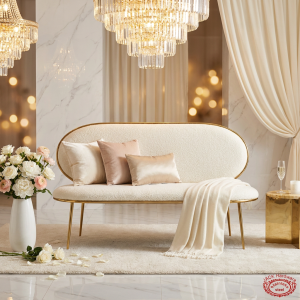 Cream oval arc-back bouclé sofa at luxury hotel suite wedding lounge florals chandeliers