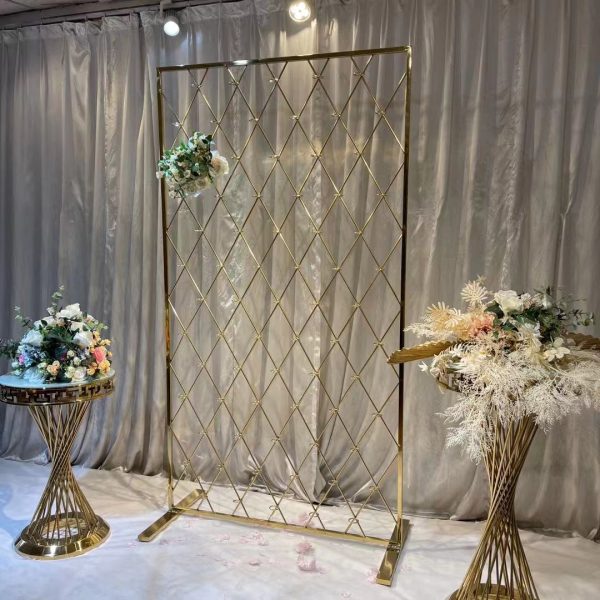WENDING gold diamond mesh floral screen backdrop rhombus grid wedding flower wall