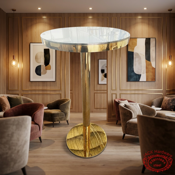 Champagne gold bar table at modern boutique hotel lounge warm wood gold accents