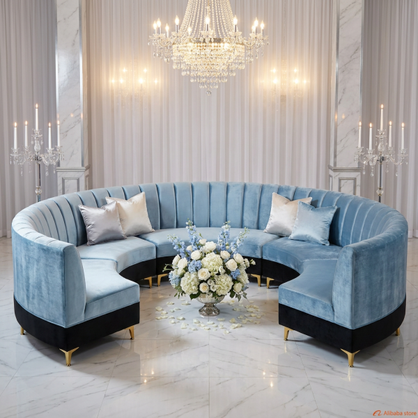 Ice blue arc sectional sofa at grand hotel lobby wedding event hall chandeliers marble