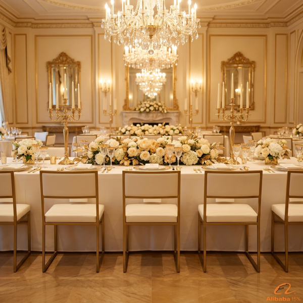 Gold floating backrest chairs at hotel banquet hall long dinner table chandeliers cream leather