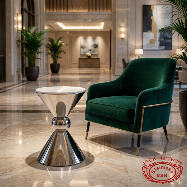 Silver sphere node side table at upscale hotel lobby lounge designer armchair spotlighting