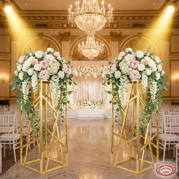 Gold diagonal mesh columns flanking hotel wedding stage florals theatrical spotlights 45 degree