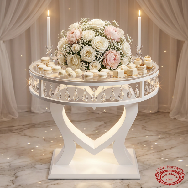 White heart support crystal pendant dessert station wedding white florals macarons crystal drops