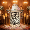 White black rose cylinder cake stand at hotel wedding black rose pattern silver frame warm spotlights