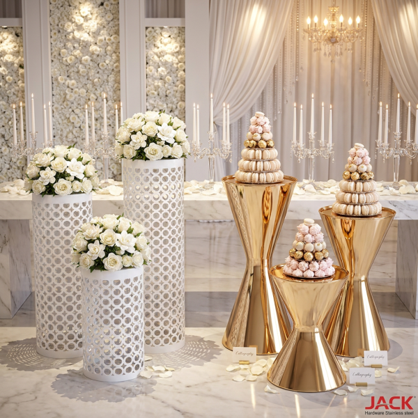 White lattice and gold hourglass stands at hotel wedding reception 45 degree combined display