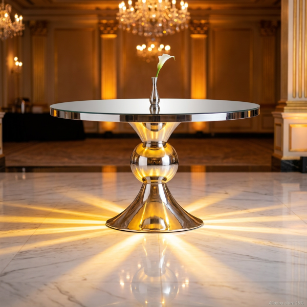 Silver trumpet base ball-node table side view ballroom golden uplighting marble reflection