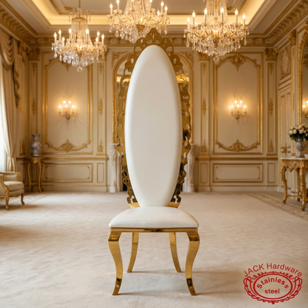 Gold crown high-back throne chair at grand luxury 5-star hotel ballroom crystal chandeliers gold decor