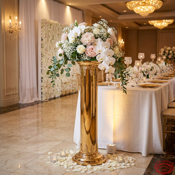 Gold flower stand at hotel wedding reception glass top florals warm golden ambient 45 degree
