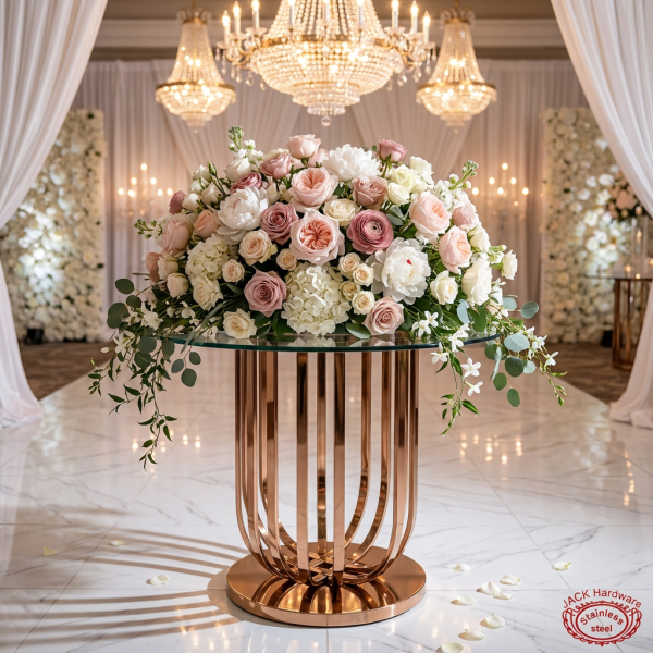 Rose gold cage pedestal with blush white floral dome chandeliers curved slats glow