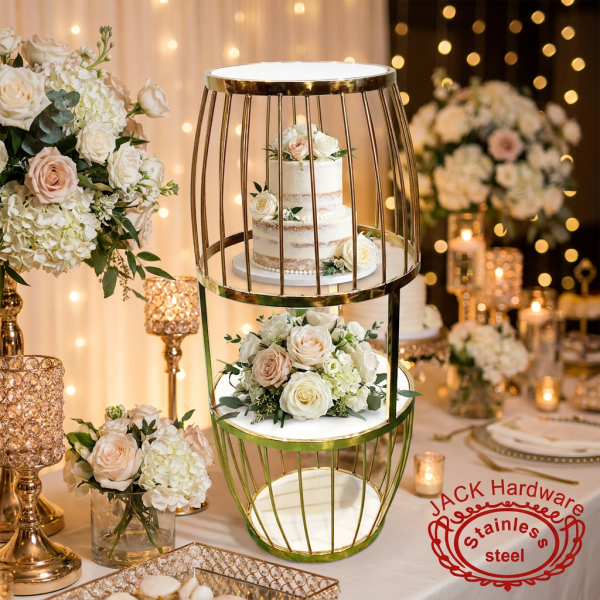 Gold birdcage gourd display stand at luxury wedding dessert table flowers cake golden lighting