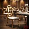 Gold oval cutout backrest dining chair hotel restaurant 45 degree cabriole legs warm spotlights