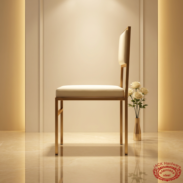 Gold floating backrest dining chair side view luxury event floating gap cream leather warm light