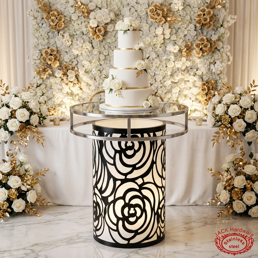 White black rose cylinder cake stand with tiered wedding cake white florals gold backdrop