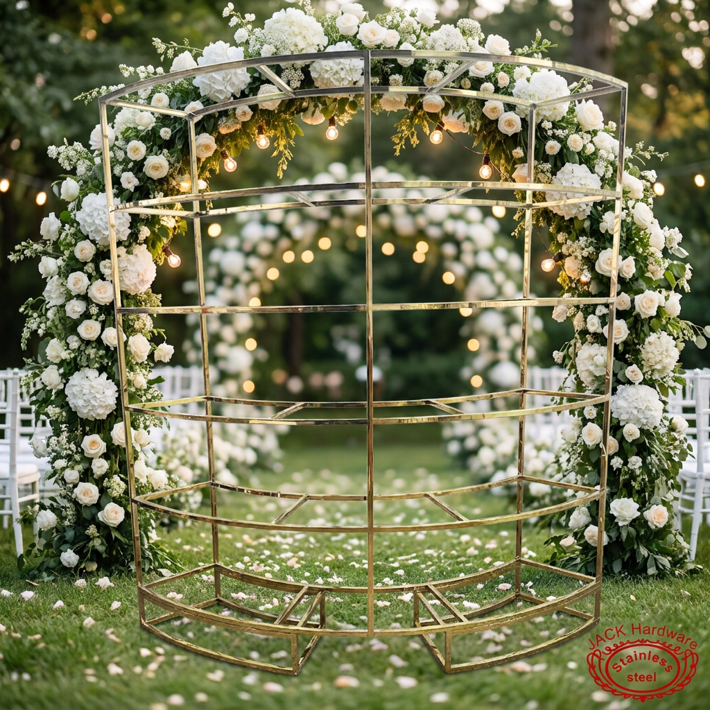 Gold arc wine display rack at outdoor garden wedding ceremony with floral arch