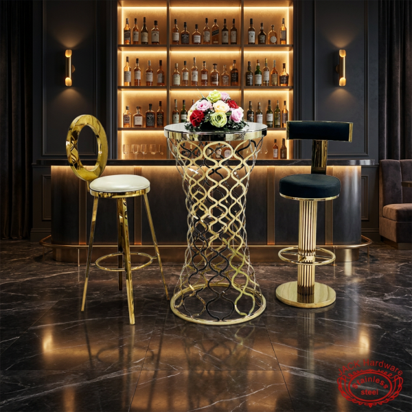Gold Moroccan bar table 2 stools set at luxury hotel bar counter dark moody gold accent lighting