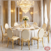 Gold oval upholstered chairs at grand hotel banquet hall dinner table chandeliers marble