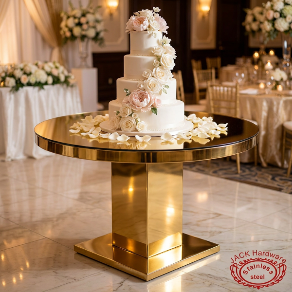 Gold T-shape cake display at hotel wedding tiered wedding cake roses gold column 45 degree