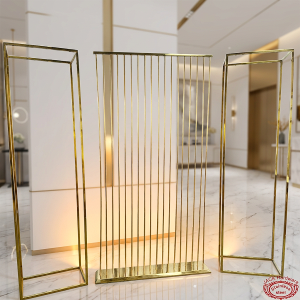 Gold screen set as modern hotel lobby corridor elegant decorative partitions amber up-lighting marble