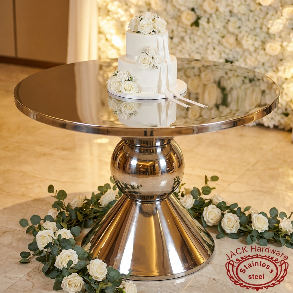 Silver ball-node trumpet base cake table at hotel wedding 45 degree silver orb reflections warm