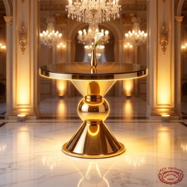 Gold double-cone hourglass ball column side view grand ballroom uplighting dark glass gold glow marble