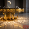 Gold acanthus scrollwork round table side view luxury hotel uplighting intricate carving shadows marble